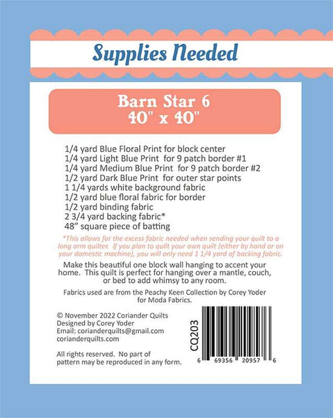 Barn Star 6 pattern by Corey Yoder for Coriander Quilts