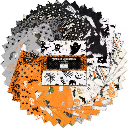 Collection of Halloween-themed fabric swatches with a central label reading 'Midnight Hauntings'.