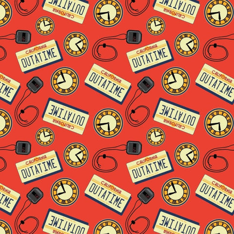 Licensed Back to the Future - OutaTime License Plates in Red by Camelot Fabrics