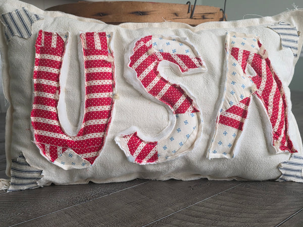 USA Pillow handmade from antique grain sack and vintage quilt