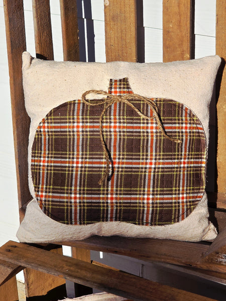 Quilted Pumpkin Pillow on vintage grain sack