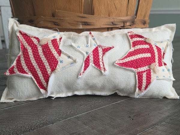 Patriotic Star Pillow handmade from antique grain sack and vintage quilt