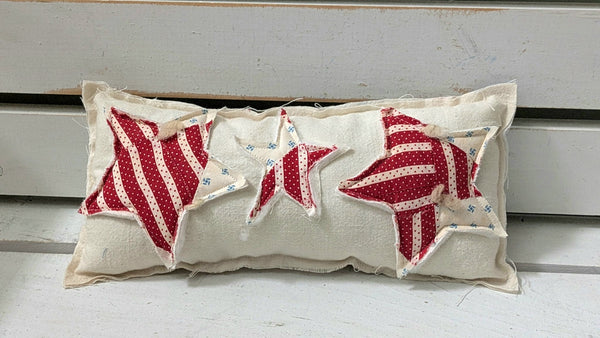 Patriotic Star Pillow handmade from antique grain sack and vintage quilt