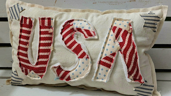 USA Pillow handmade from antique grain sack and vintage quilt