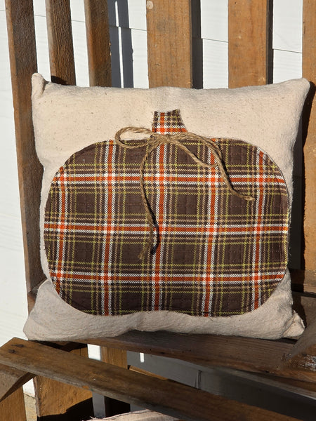 Quilted Pumpkin Pillow on vintage grain sack